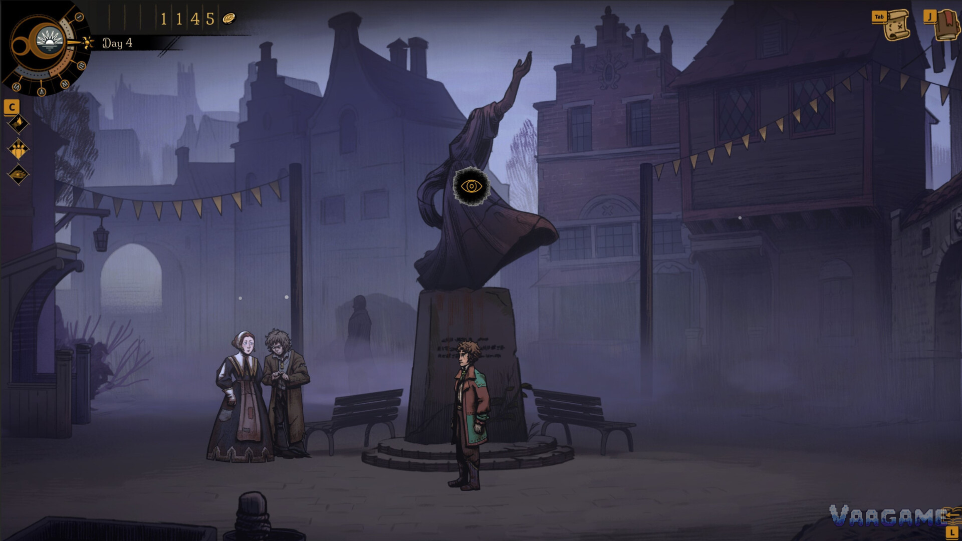 Ambrose standing in a foggy Resthaven town square on Day 4 beside a tall statue