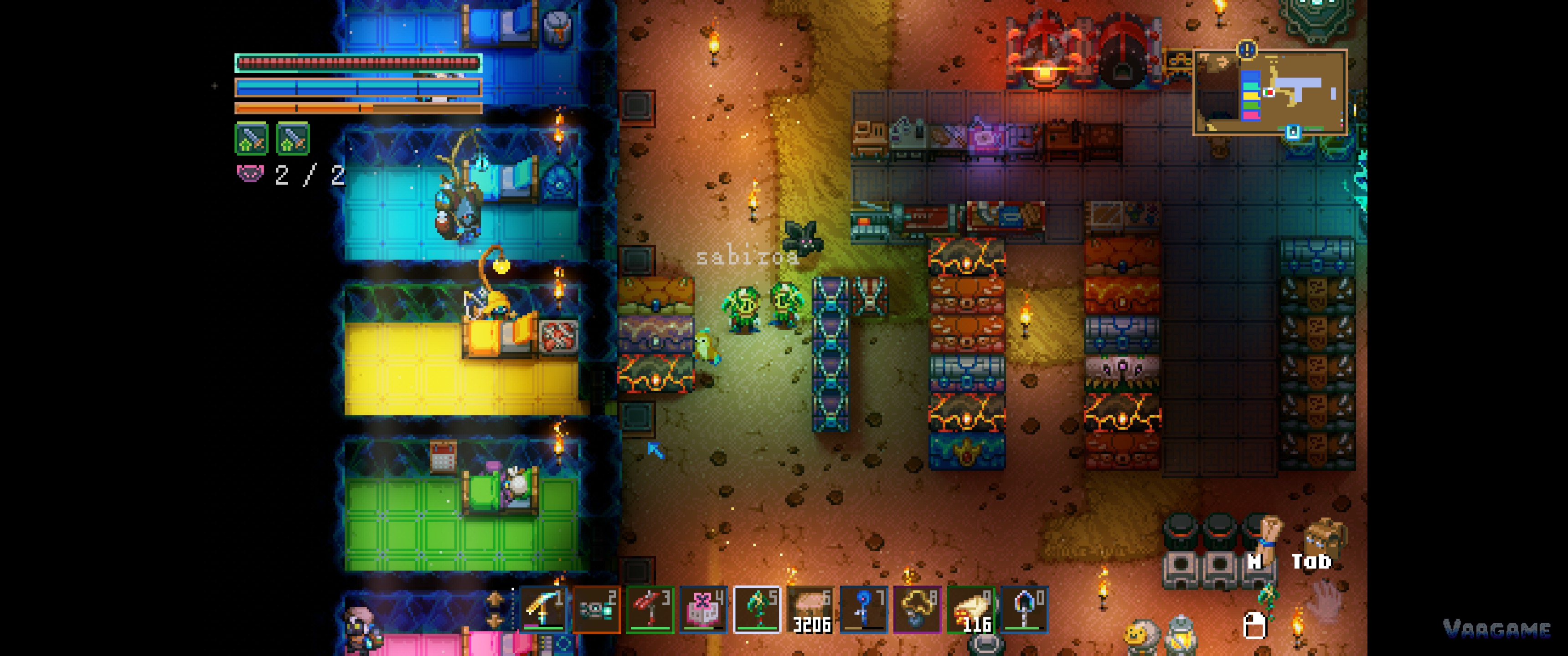 An ultrawide base view with four coloured merchant rooms, furnaces and chests in a long row