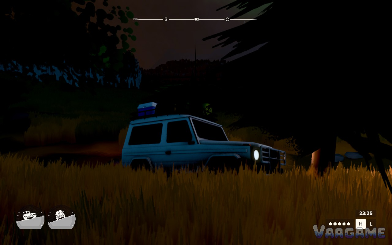 A teal 4x4 parked in tall grass at night, headlights on under a dark sky