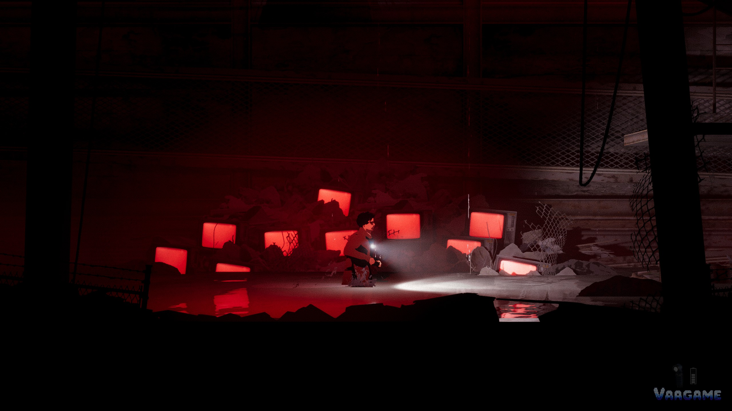 Red moving through a dark, neon-lit room