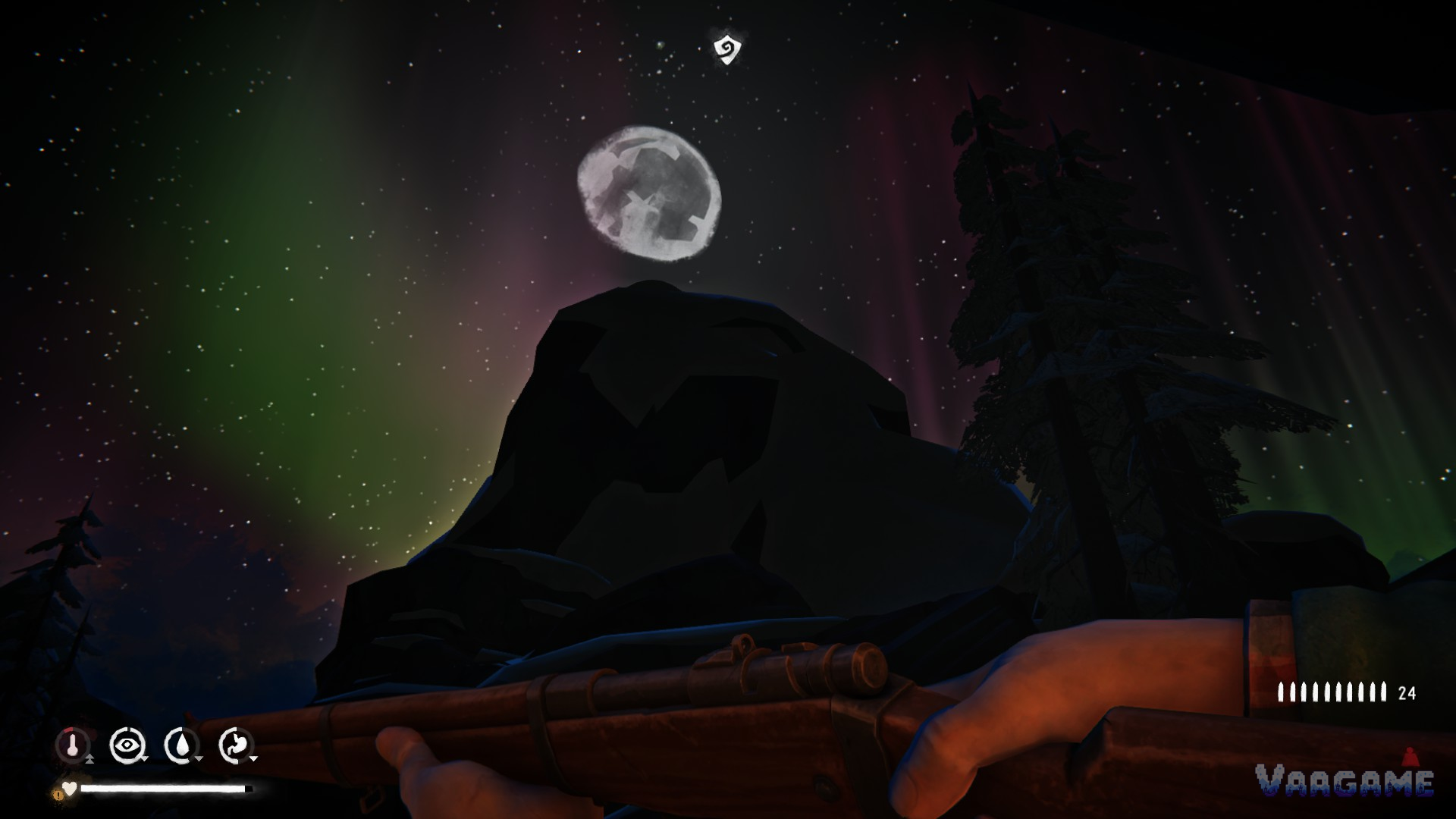 Rifle under moonlight and aurora at night