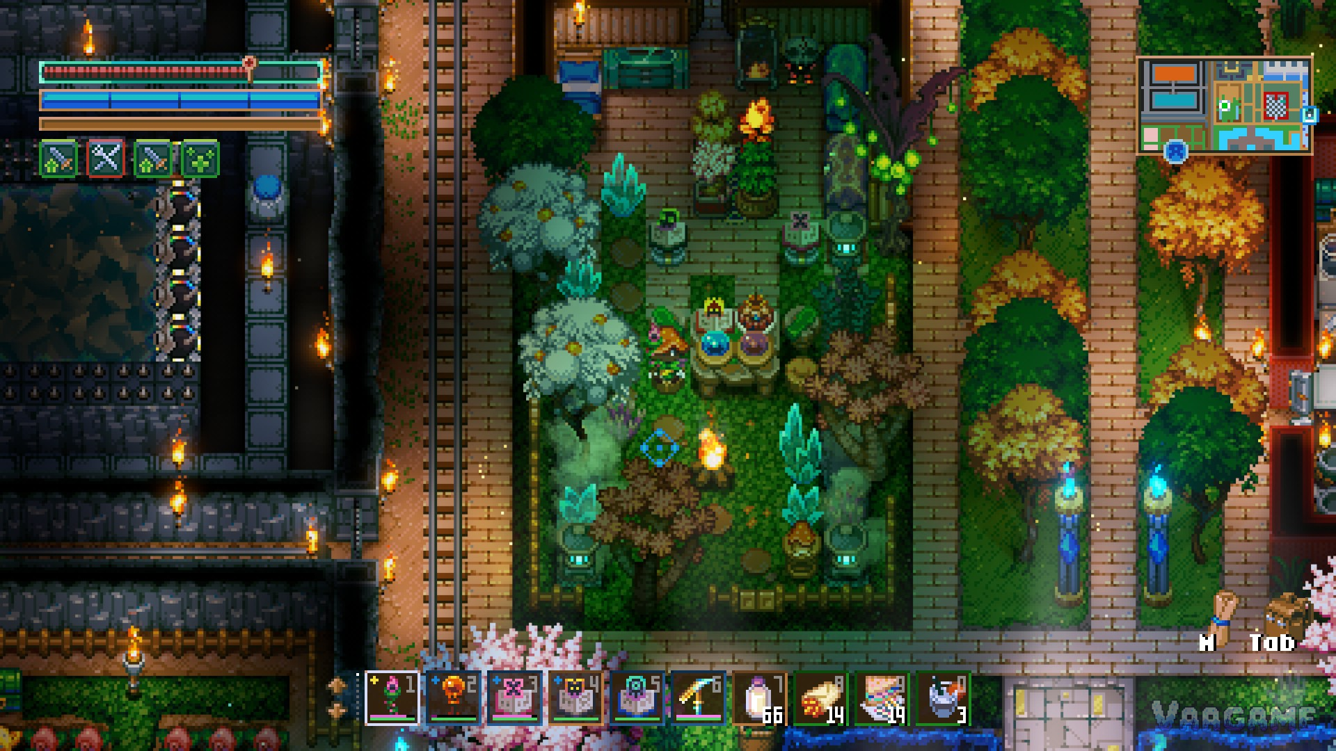 A base garden room: rail line down one wall, a merchant's quarters and golden trees