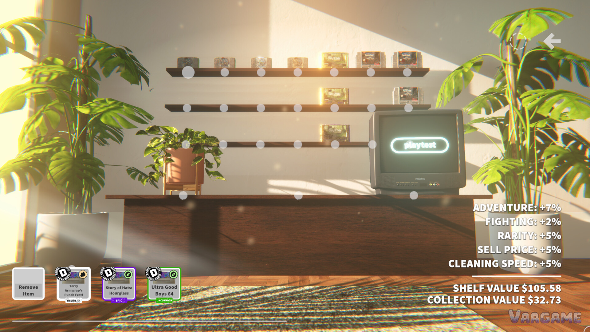 The official collection room shot: genre, rarity, sell price and cleaning speed bonuses stacked over a full shelf