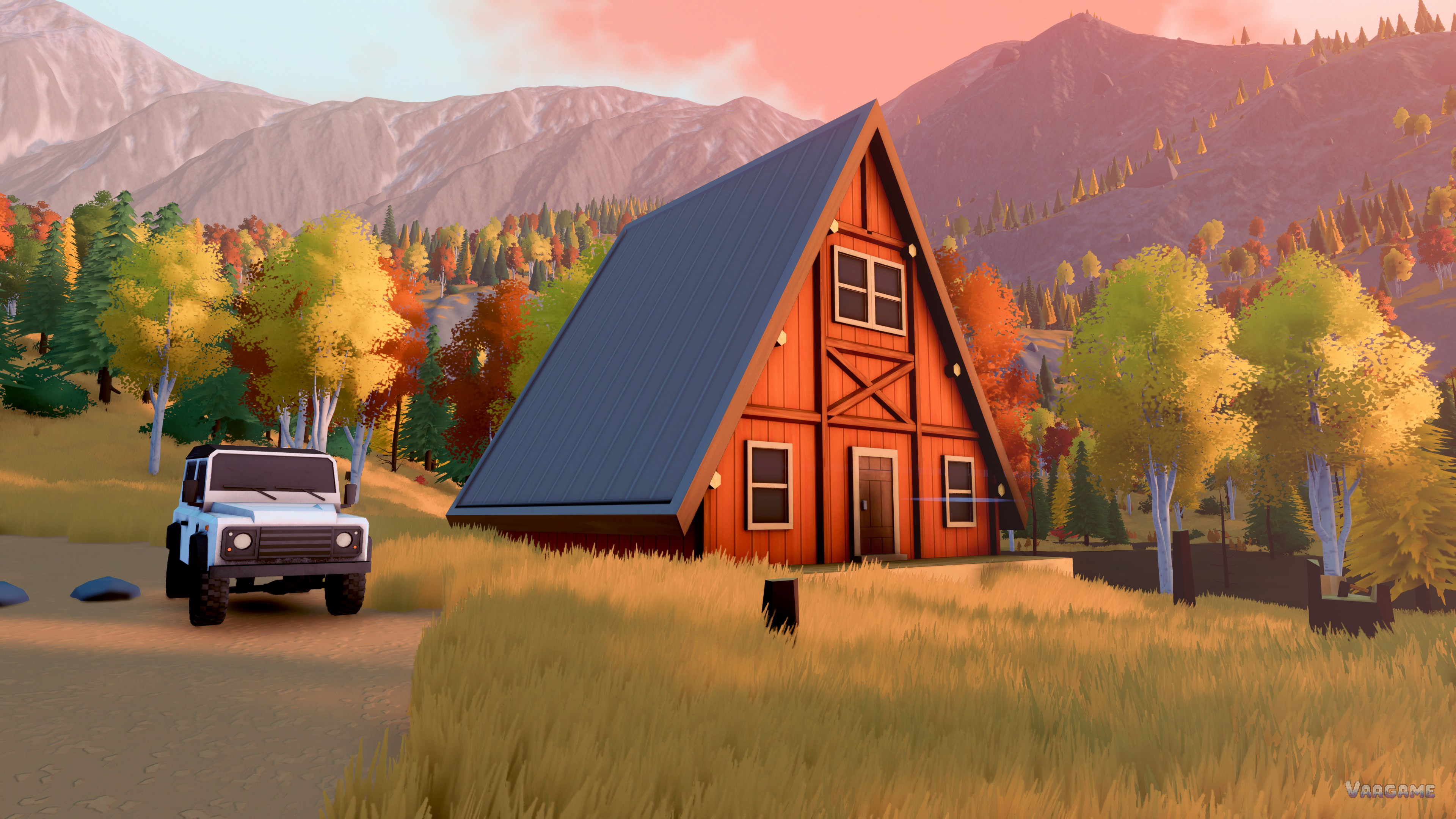 A white Defender-style wagon parked in front of a red A-frame cabin