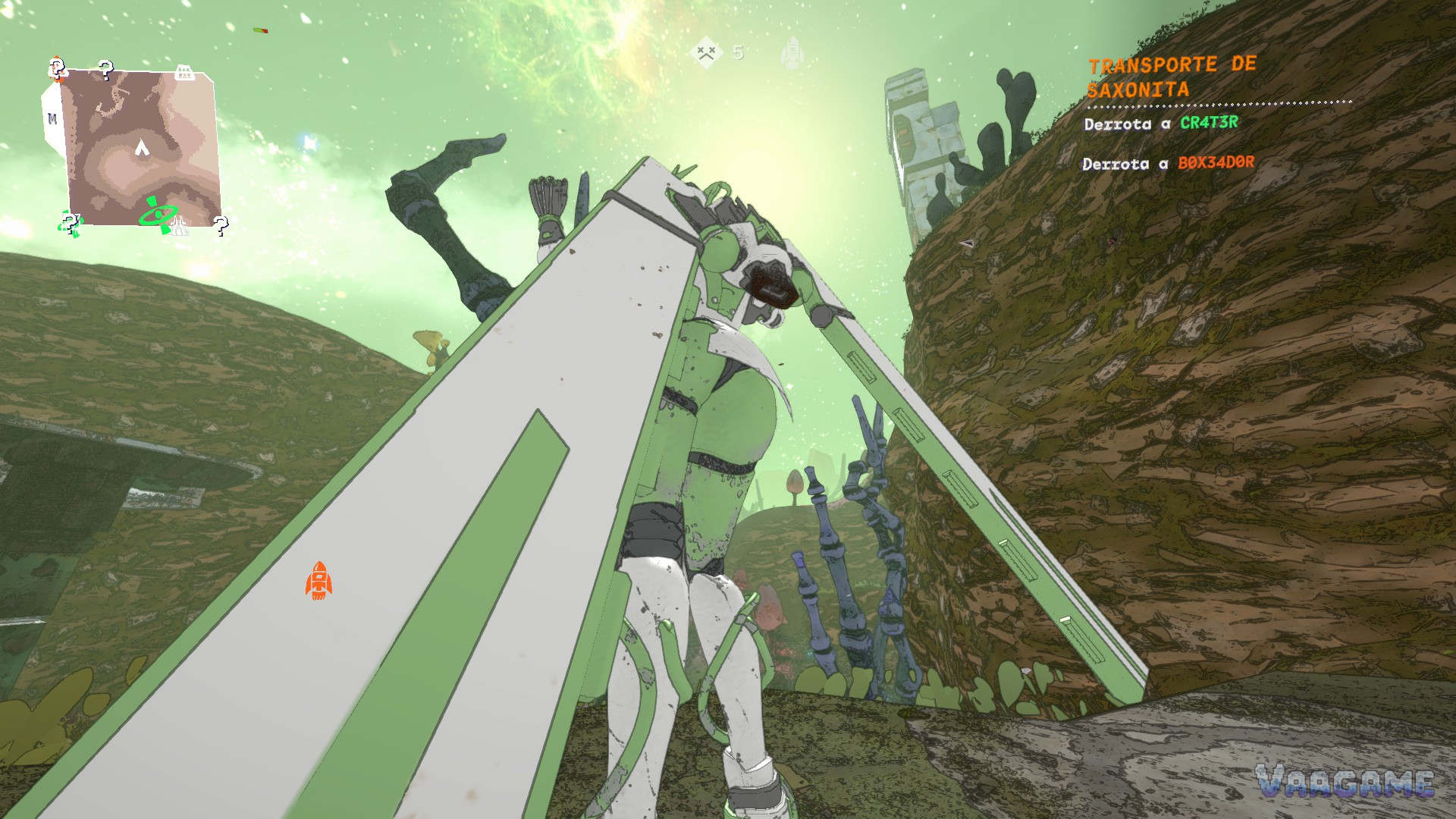 Glider outdoors on a mission with wings out over fungal ground