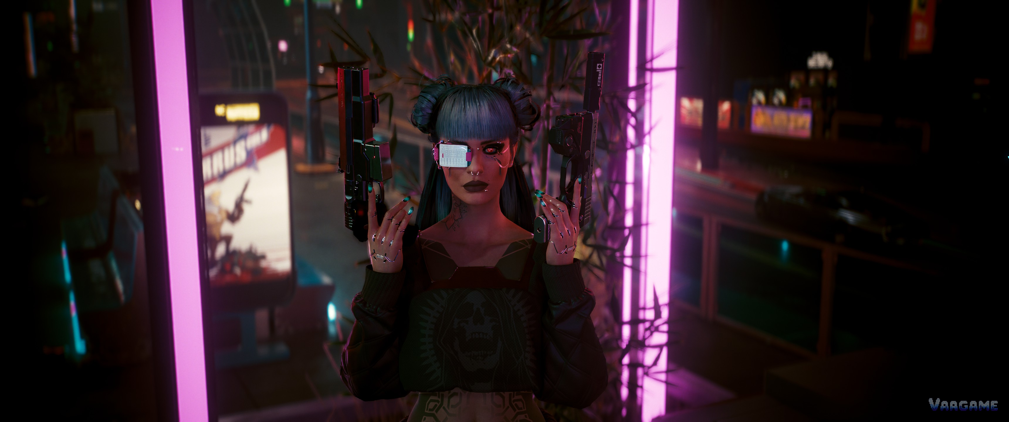 V holding two pistols under neon lights in Cyberpunk 2077