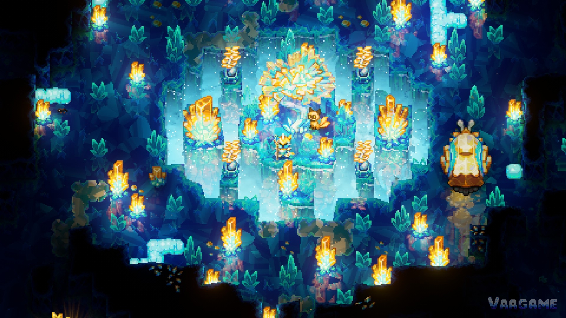 Golden sunstone crystal forest in the Shimmering Frontier, with a giant shelled creature at the right