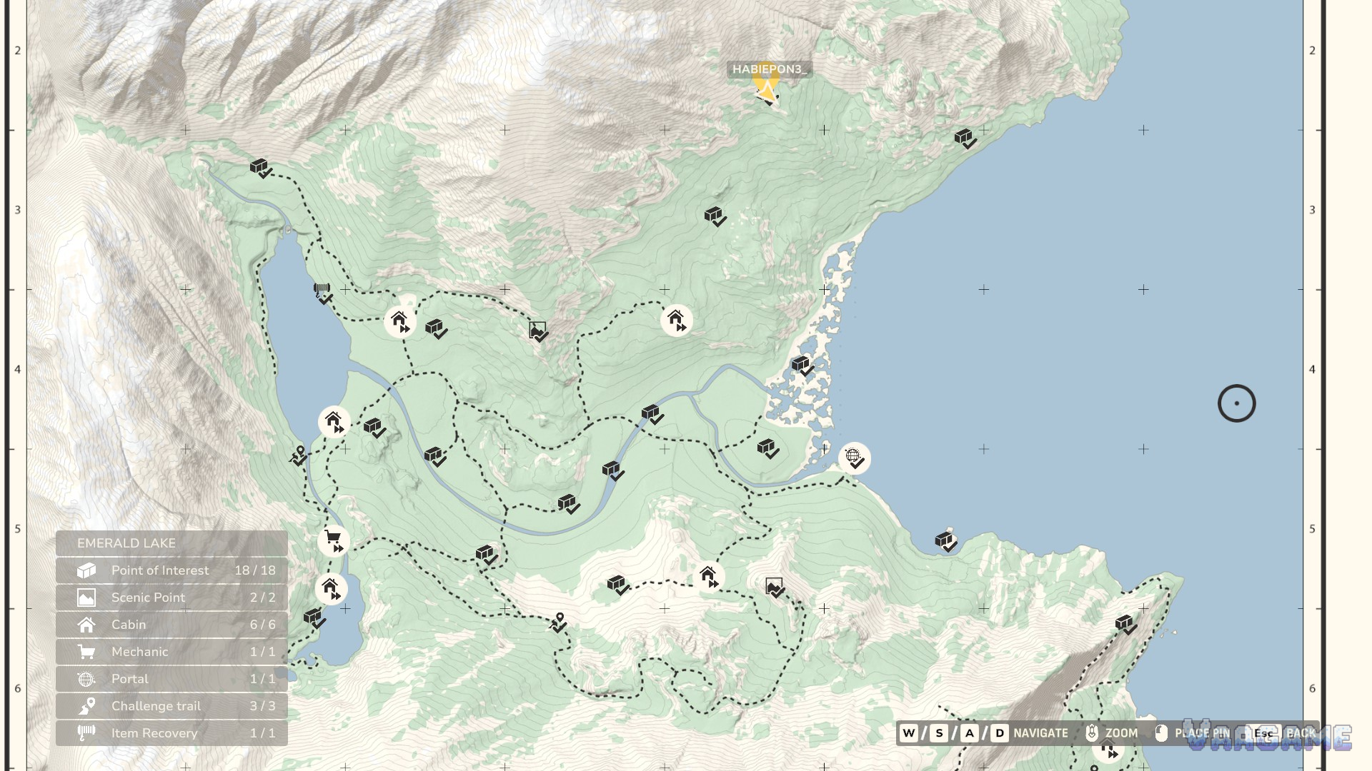 The in-game map of Emerald Lake with contour lines, dashed routes and discovery icons