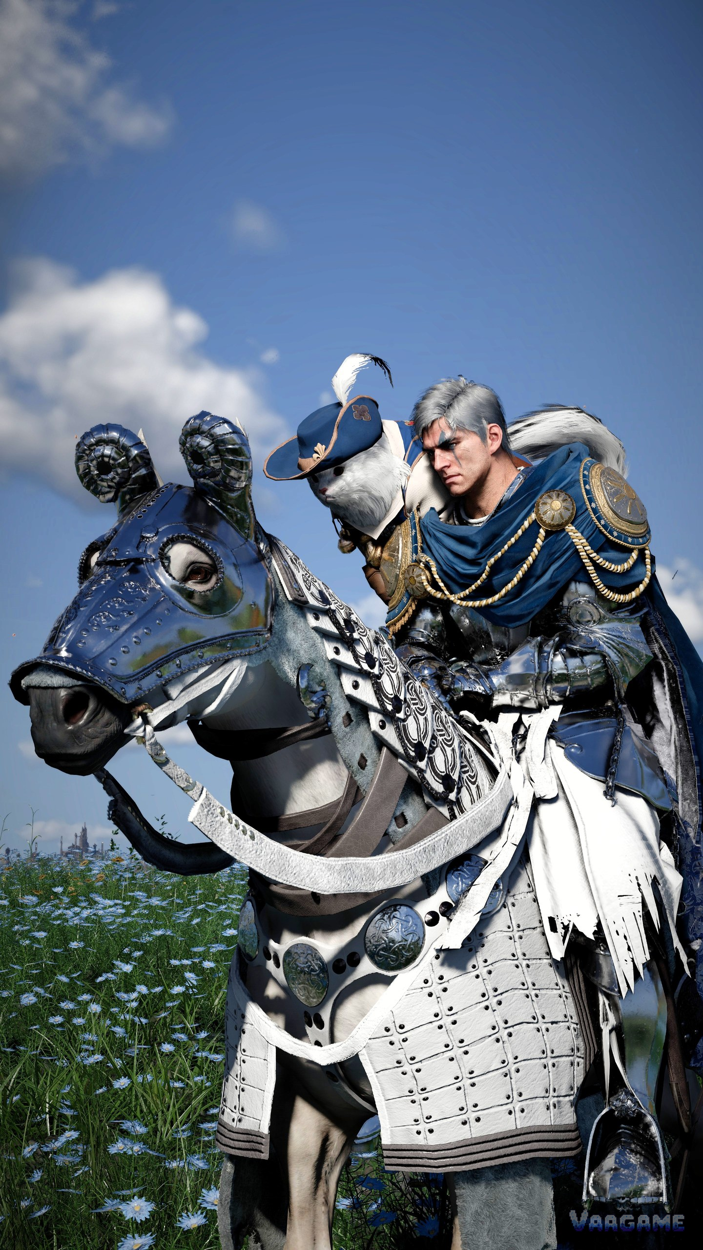 A rider in full tack: the stable and pet menu is where mounts are managed, so sort it before a long trip.