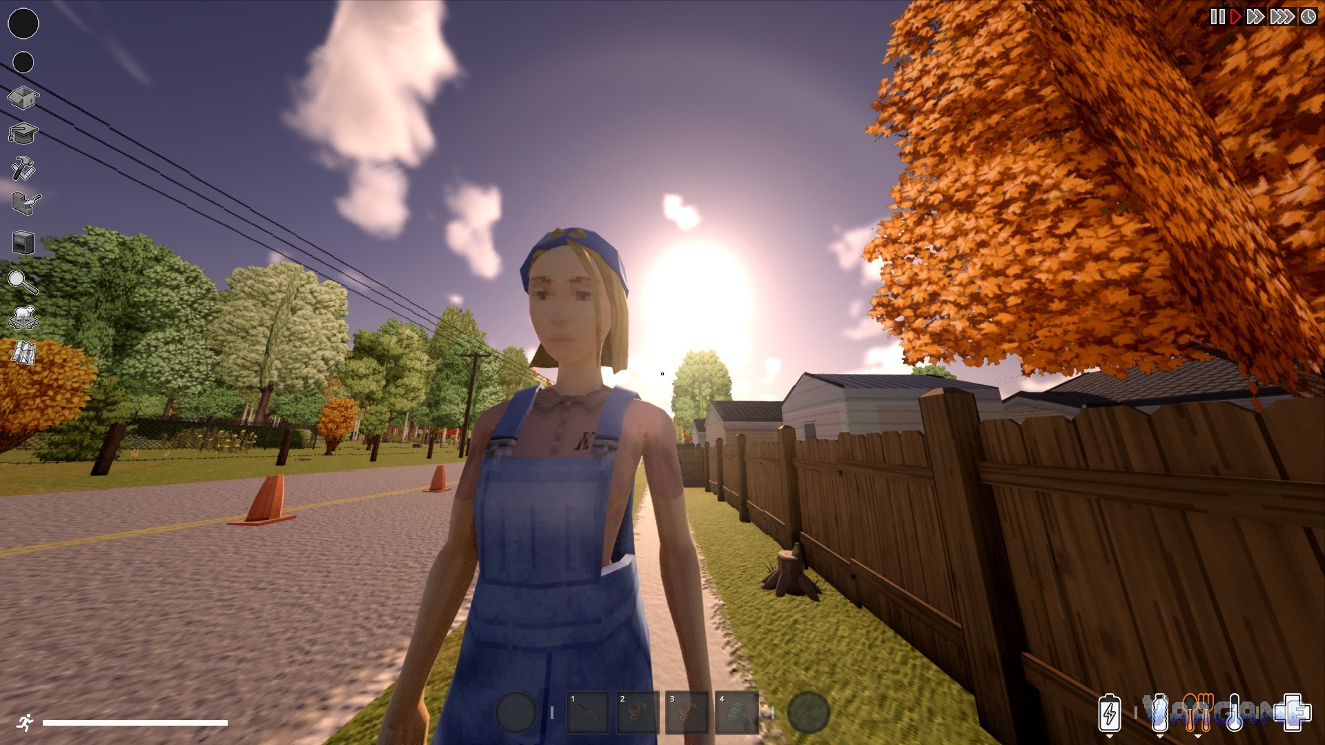A survivor in denim overalls on a sunny street, rendered in 3D