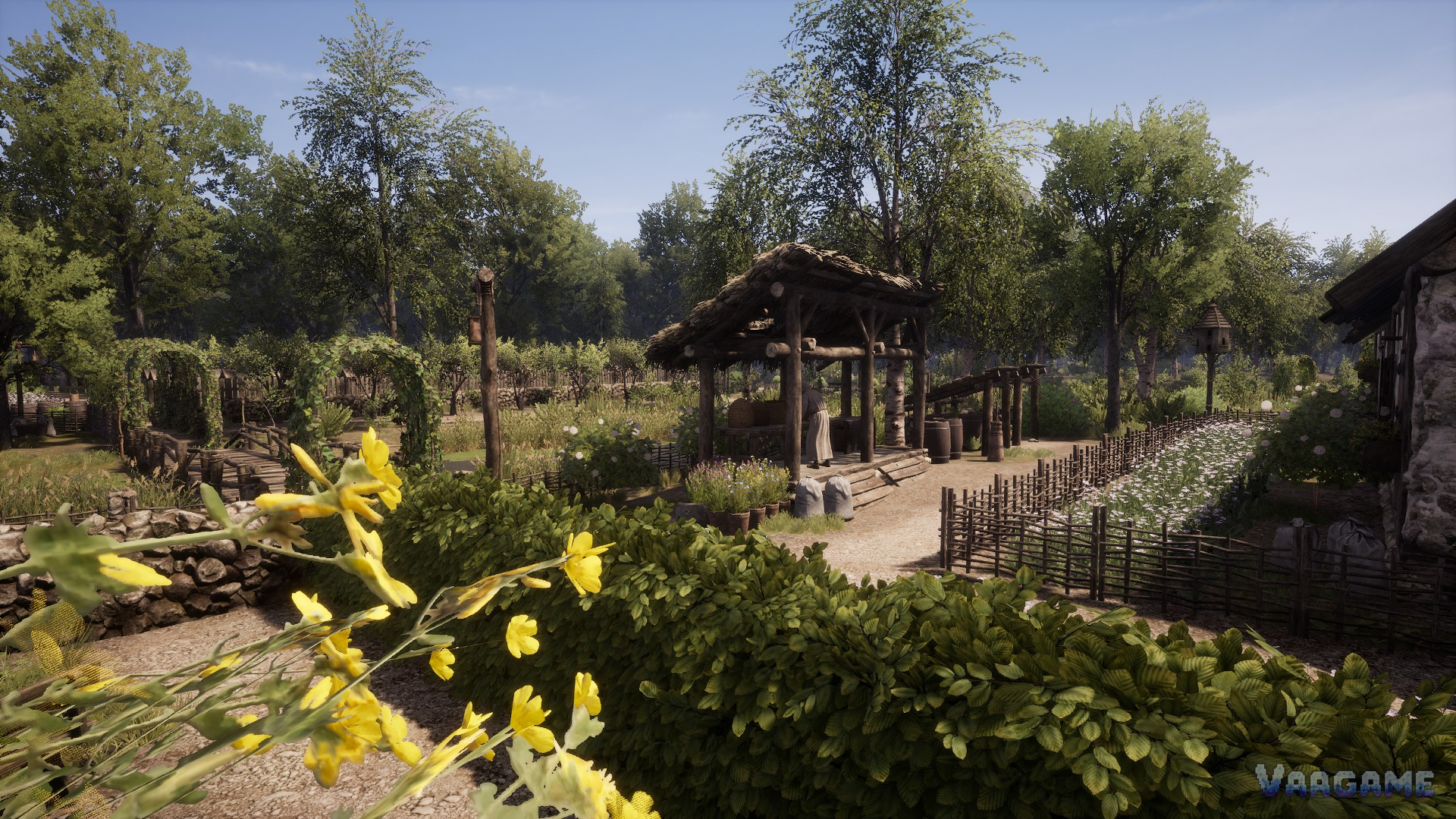 Village workshop area with a villager and fenced gardens
