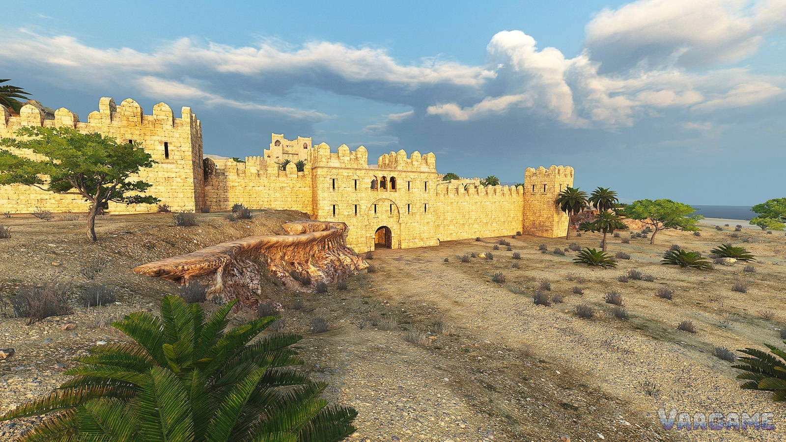 A desert town and castle in Bannerlord Calradia