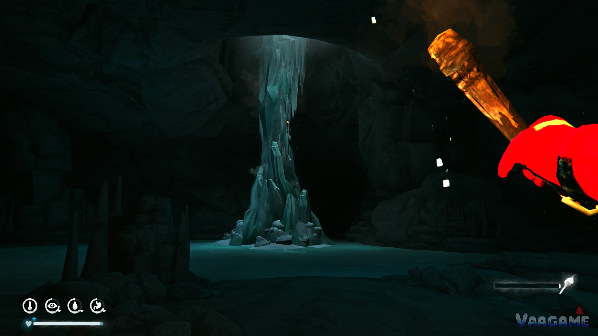 Torch light in a dark ice cave
