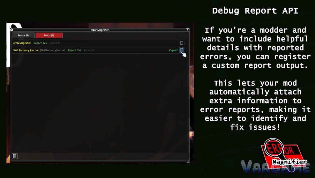 errorMagnifier's Mods tab: a clean list shows zero errors per mod, a broken one names itself
