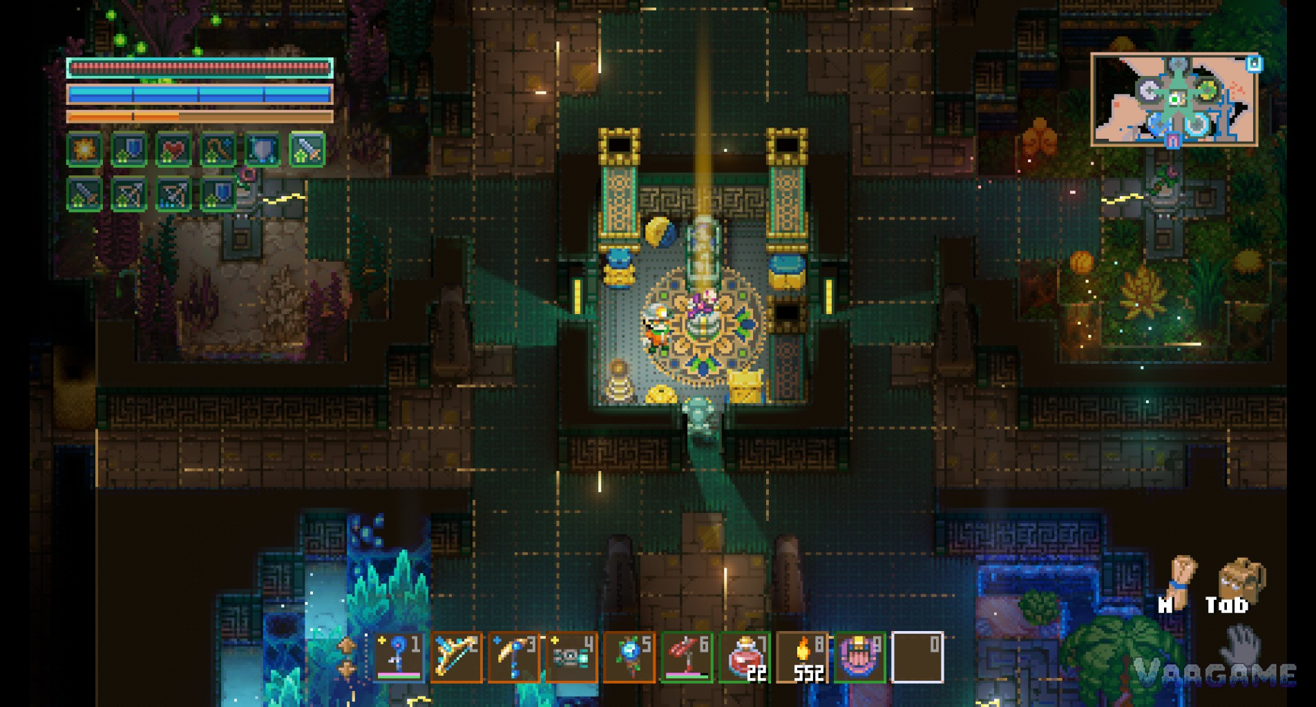 A temple chamber in the Passage: a pillar of golden light over scattered chests and coin piles