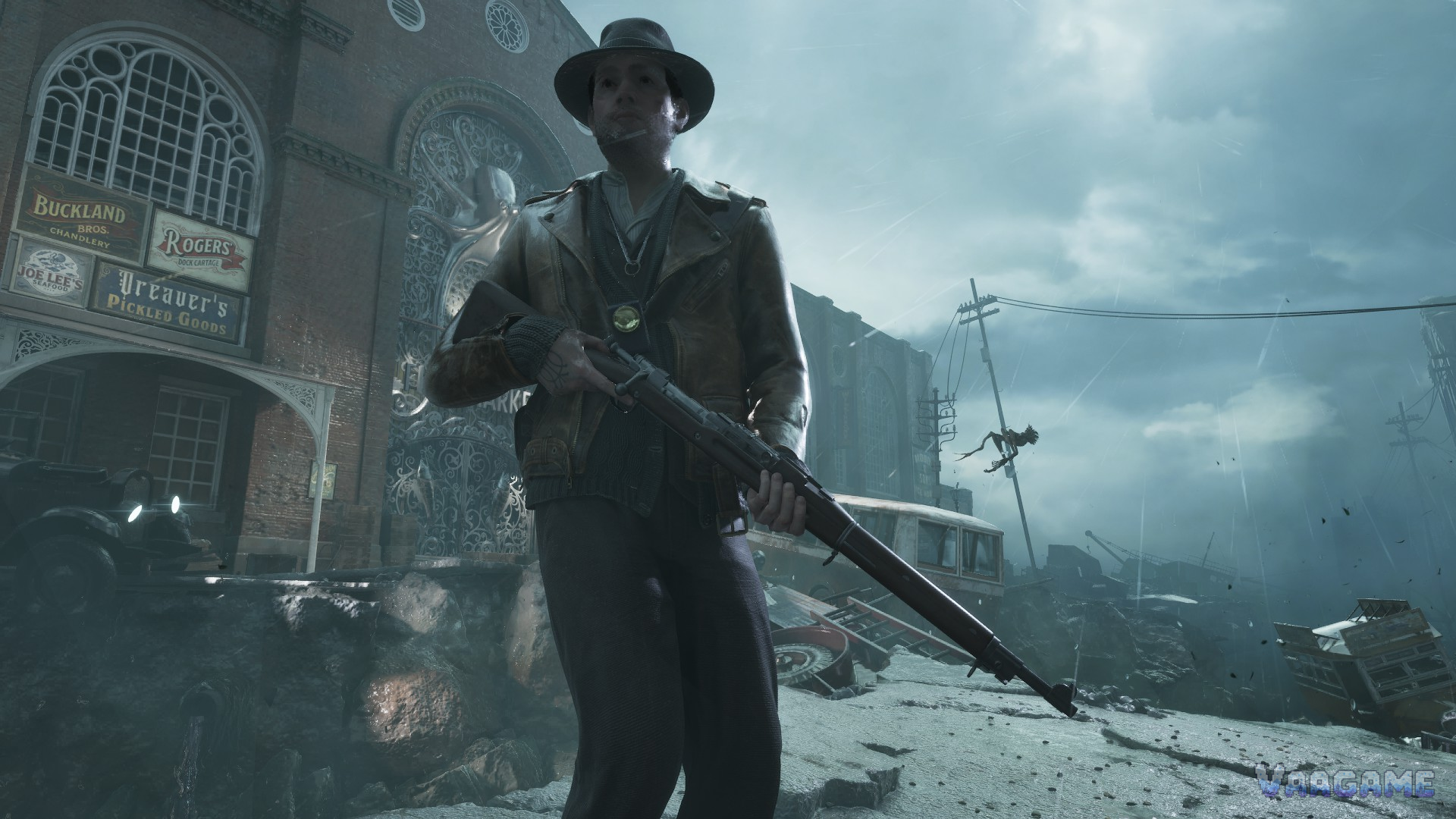 Calvin with a rifle on a flooded street