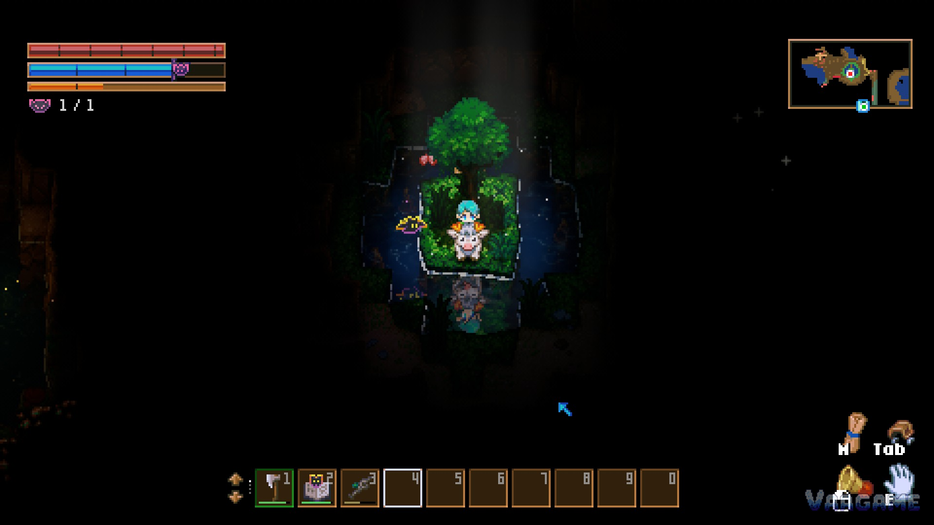 Riding a white Moolin on a grassy island in the middle of a pond at night