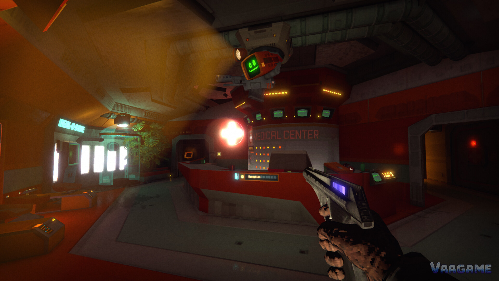 The Medical Center reception desk under its glowing red cross — the heart of this part's second half. — The Wild Gentlemen / Kwalee (via Steam)