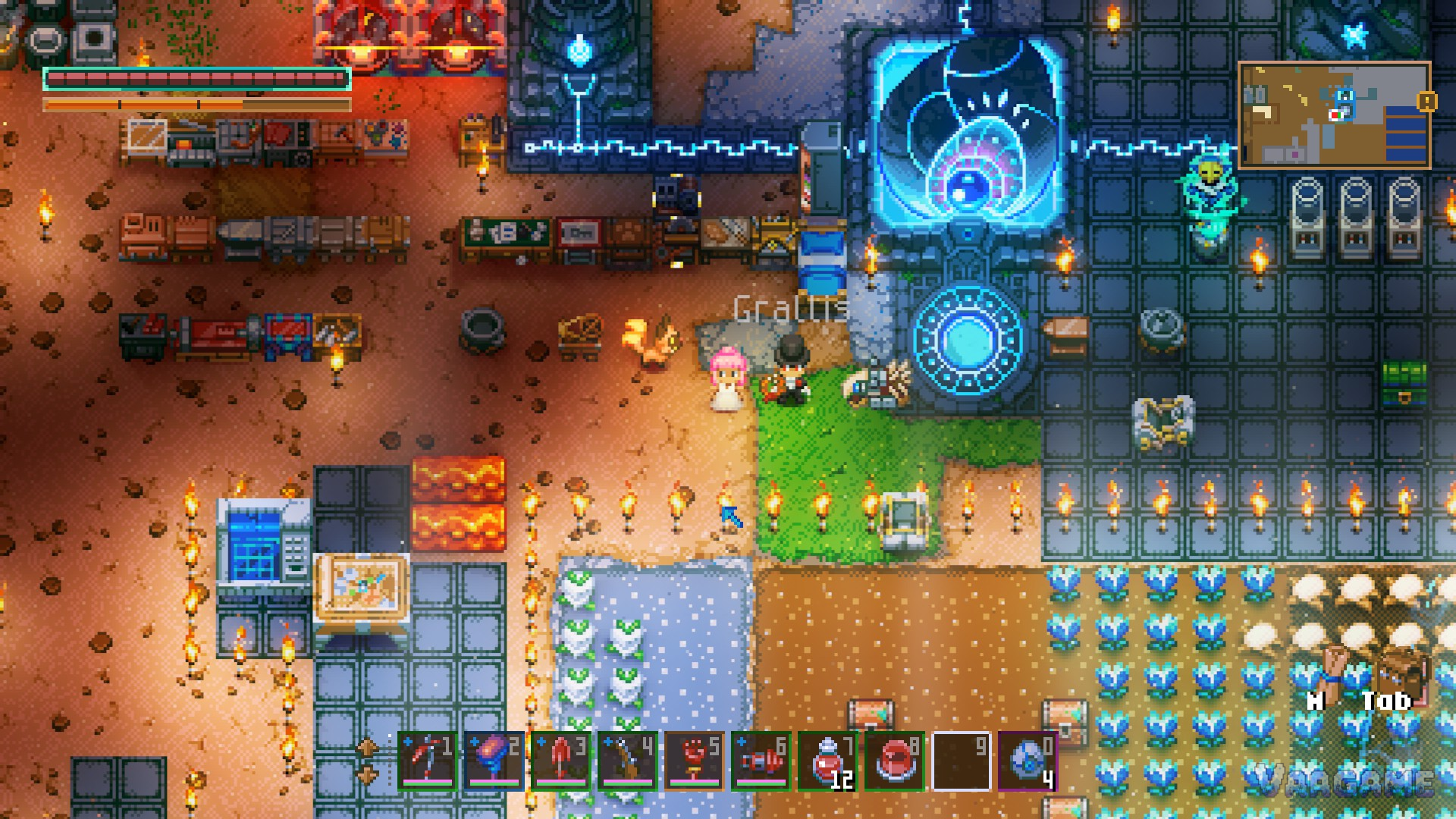 Daily life at a Core base: workbenches and furnaces in rows, a pet trotting behind its explorer