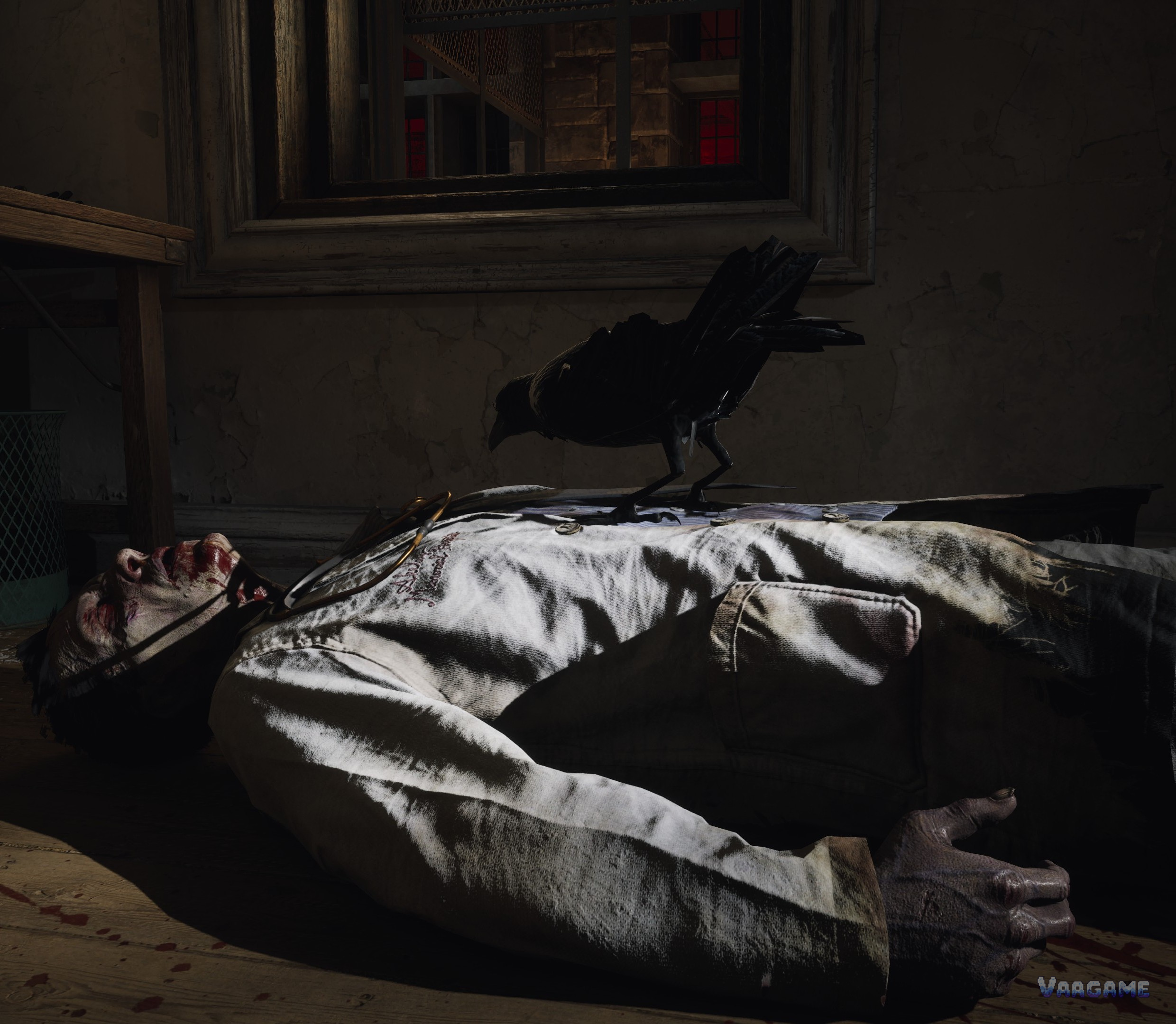 A crow standing on a body indoors