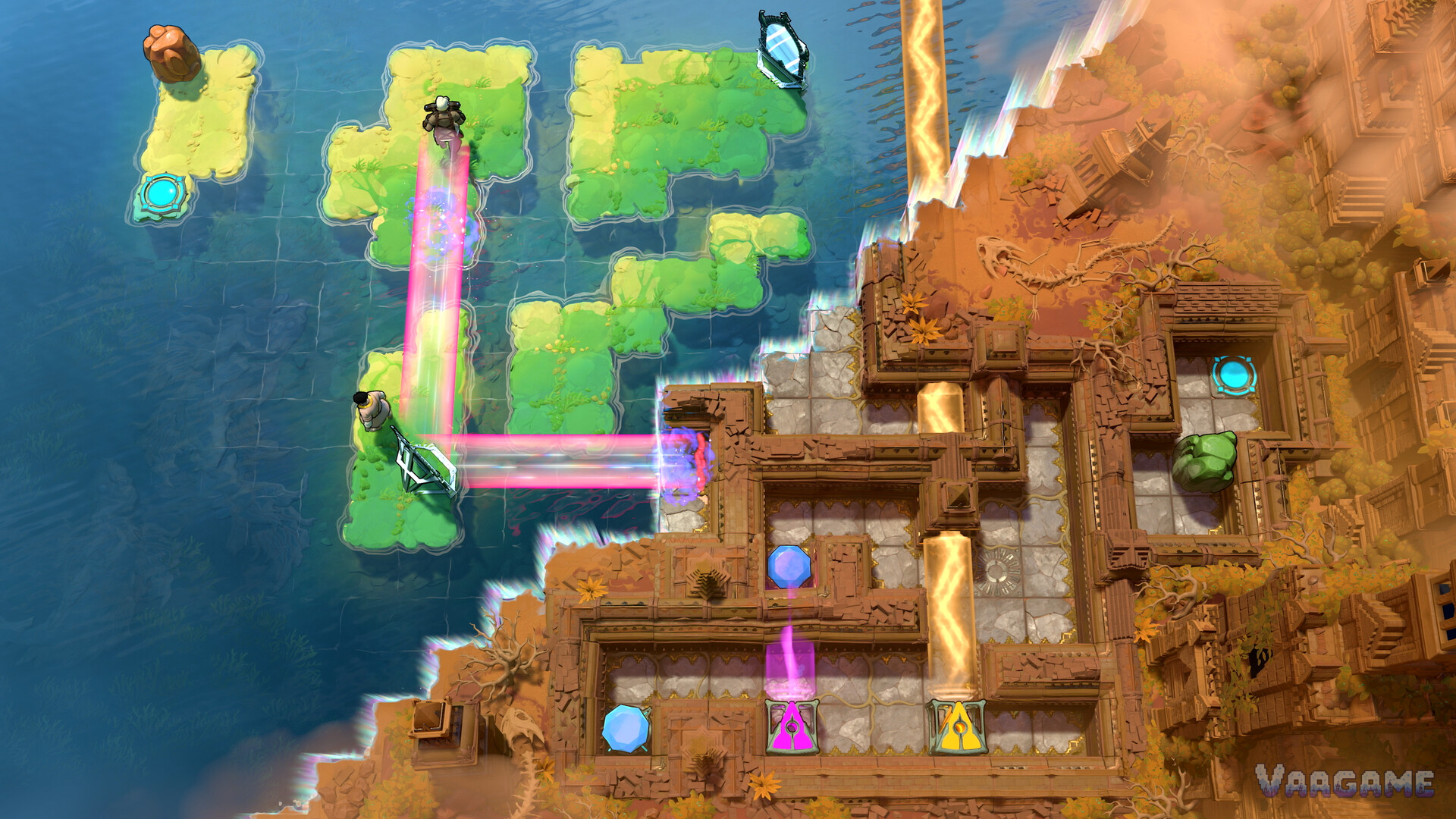 A mirror refracting a pink beam in a desert ruin, blue, pink and yellow gems in frame