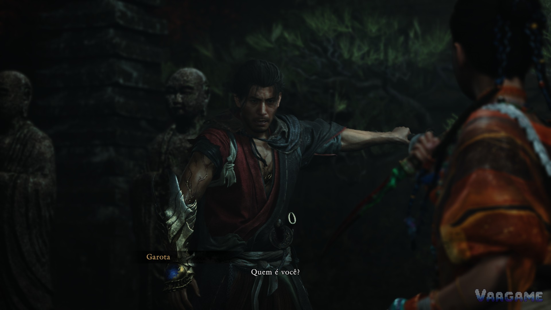 Characters talking indoors with subtitles