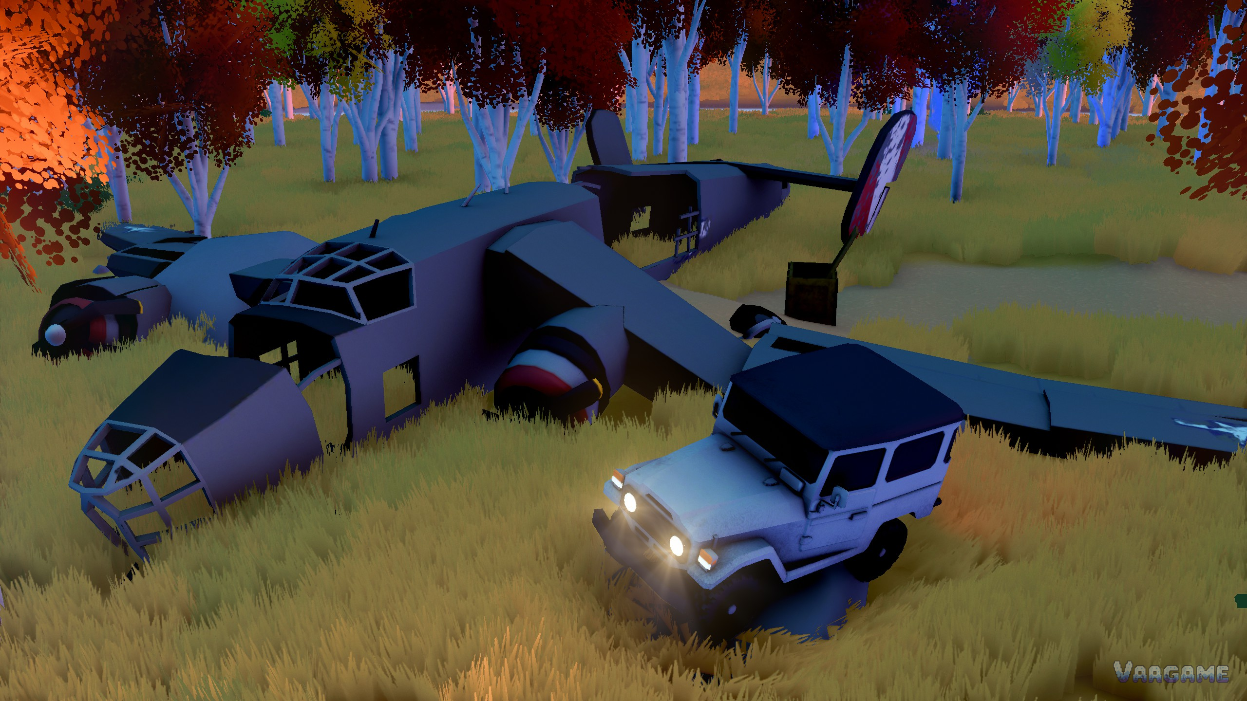 A crashed bomber wreck in an autumn forest with a white wagon parked in front