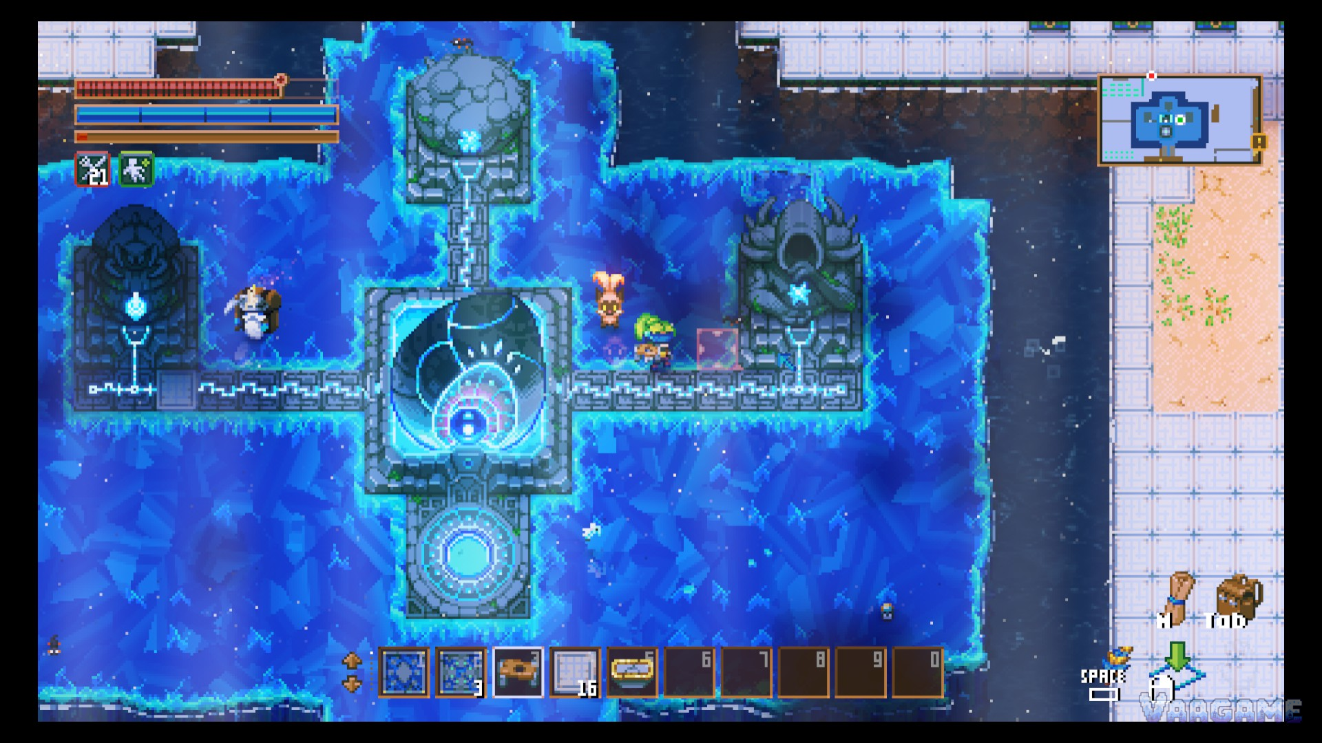 The powered Core on its crystal platform, two explorers standing by