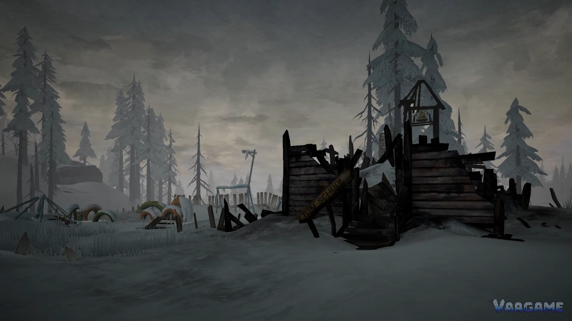 Ruined wooden shelter in the snow