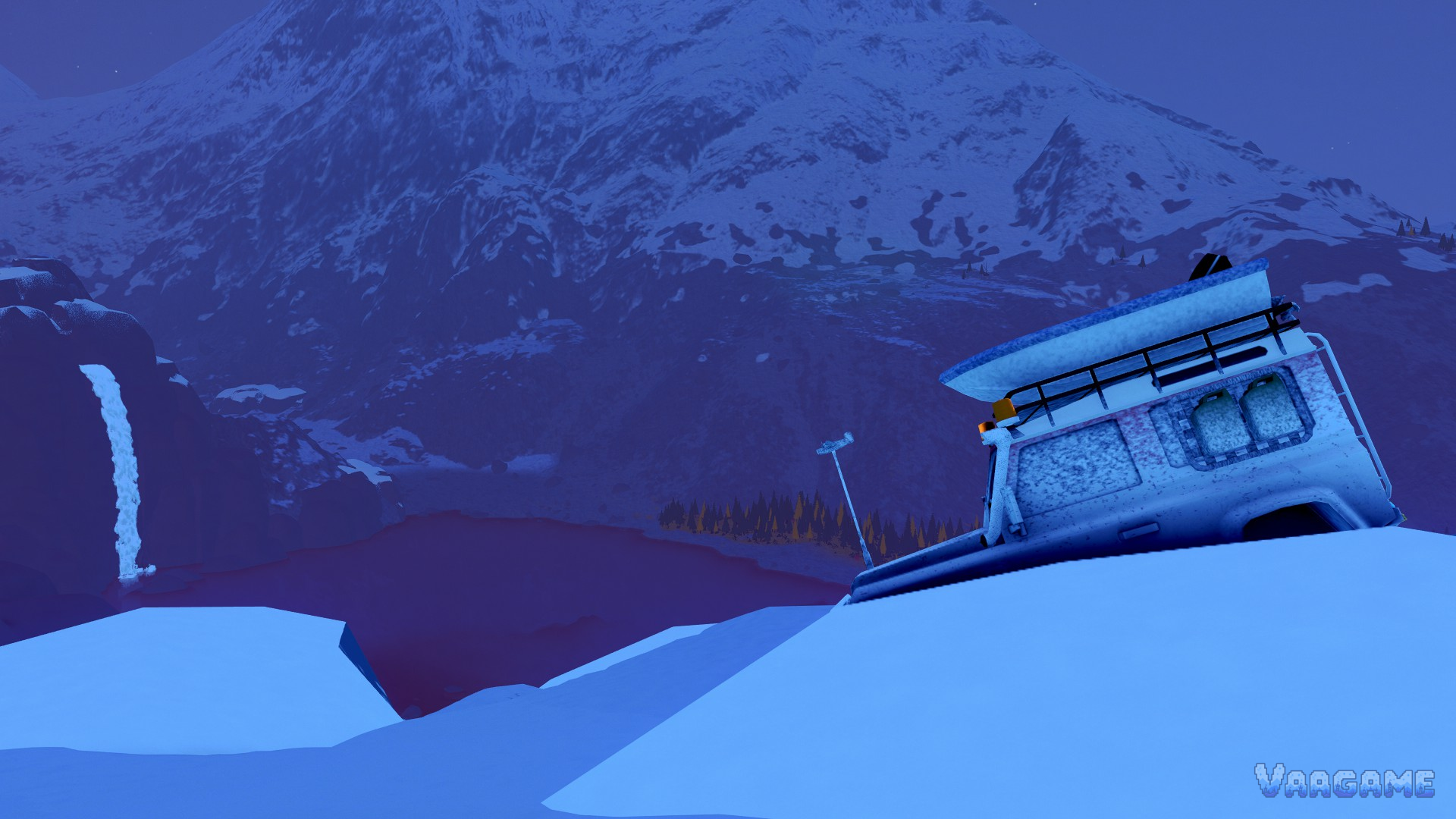 A wagon heeled hard over on a snowy crest at blue hour, waterfall behind