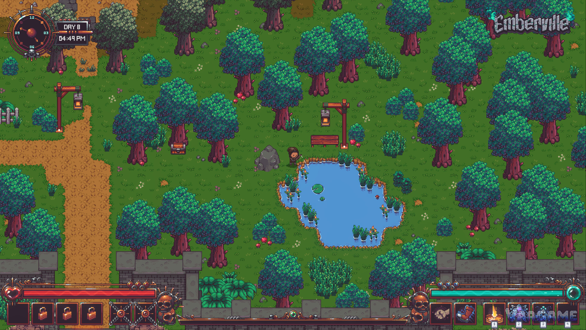 Forest and pond country above the prison: woodcutting, herbs and fishing water in one frame
