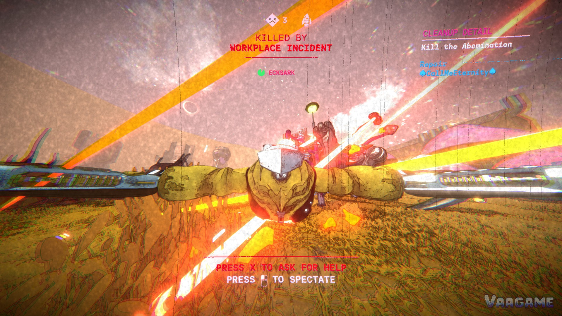 Downed player screen asking for help during a Cleanup Detail mission