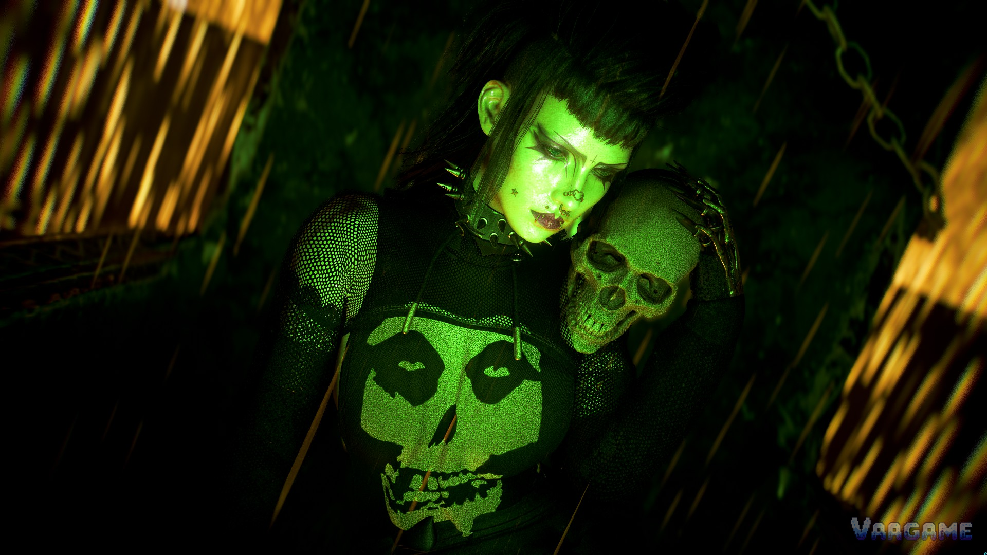 V in a skull shirt holding a skull in green light in Cyberpunk 2077