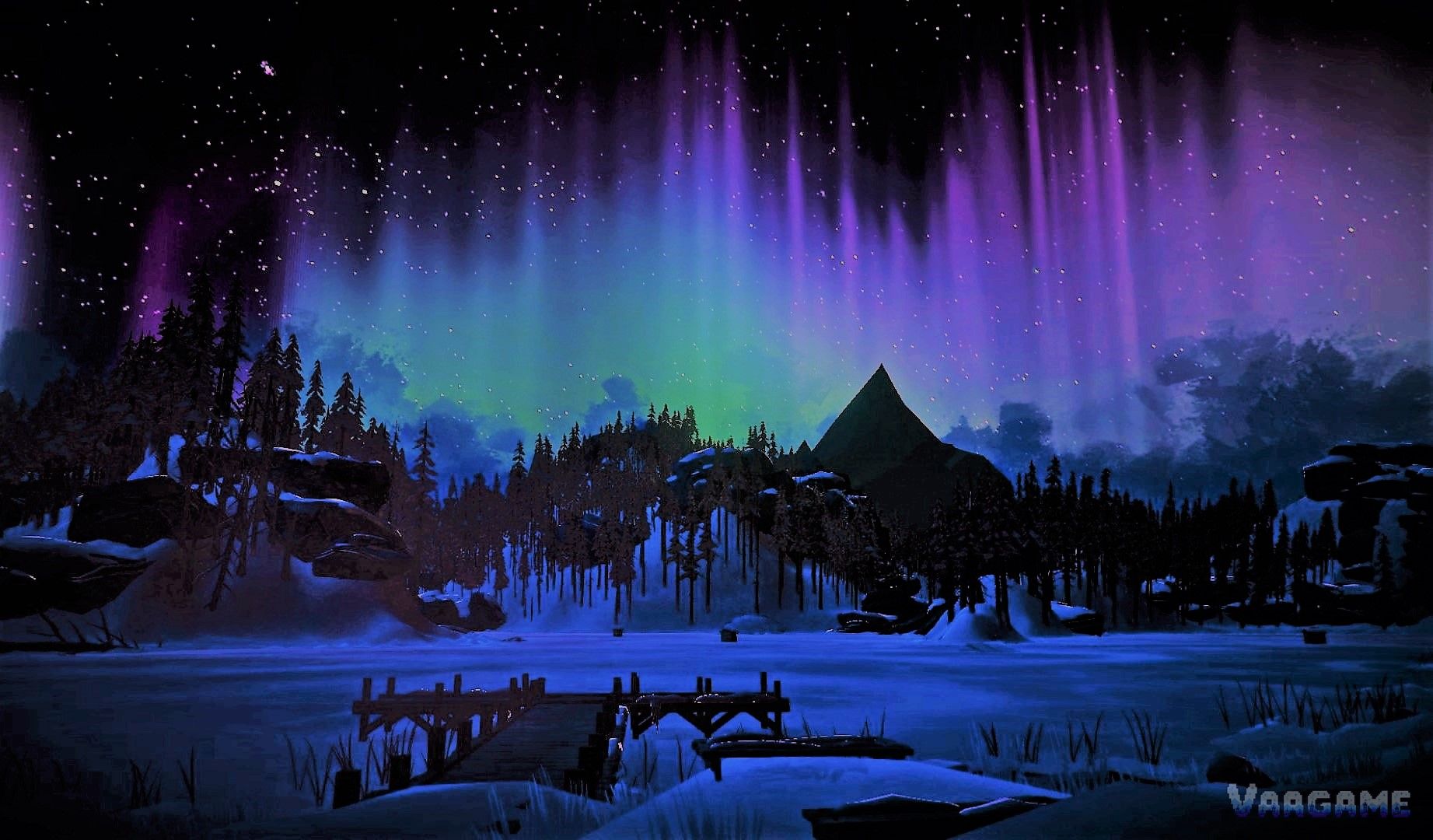 Purple aurora over a frozen lake dock