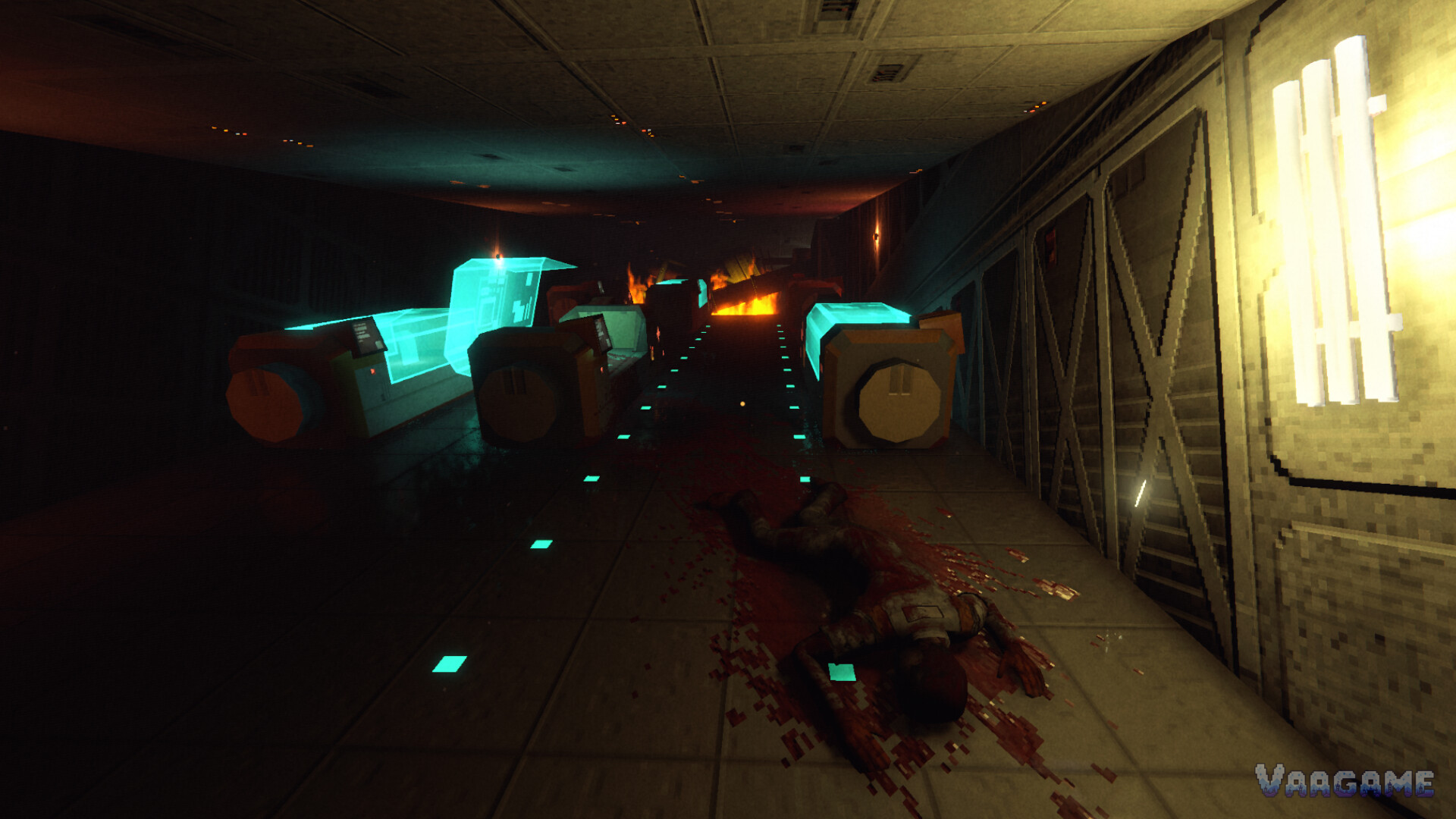 A stasis corridor after a fight: a corpse on the floor and fire still burning ahead