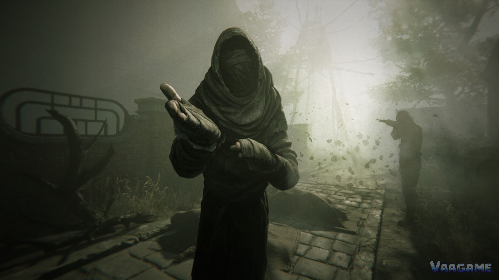 A masked robed figure reaching out in a foggy plague town street in Pathologic 3