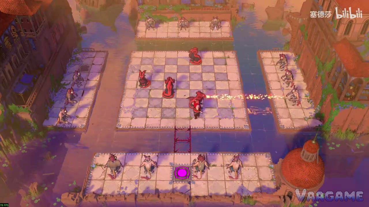 A plaza ringed with monsters on every side, a small dragon breathing fire at the hero in the centre