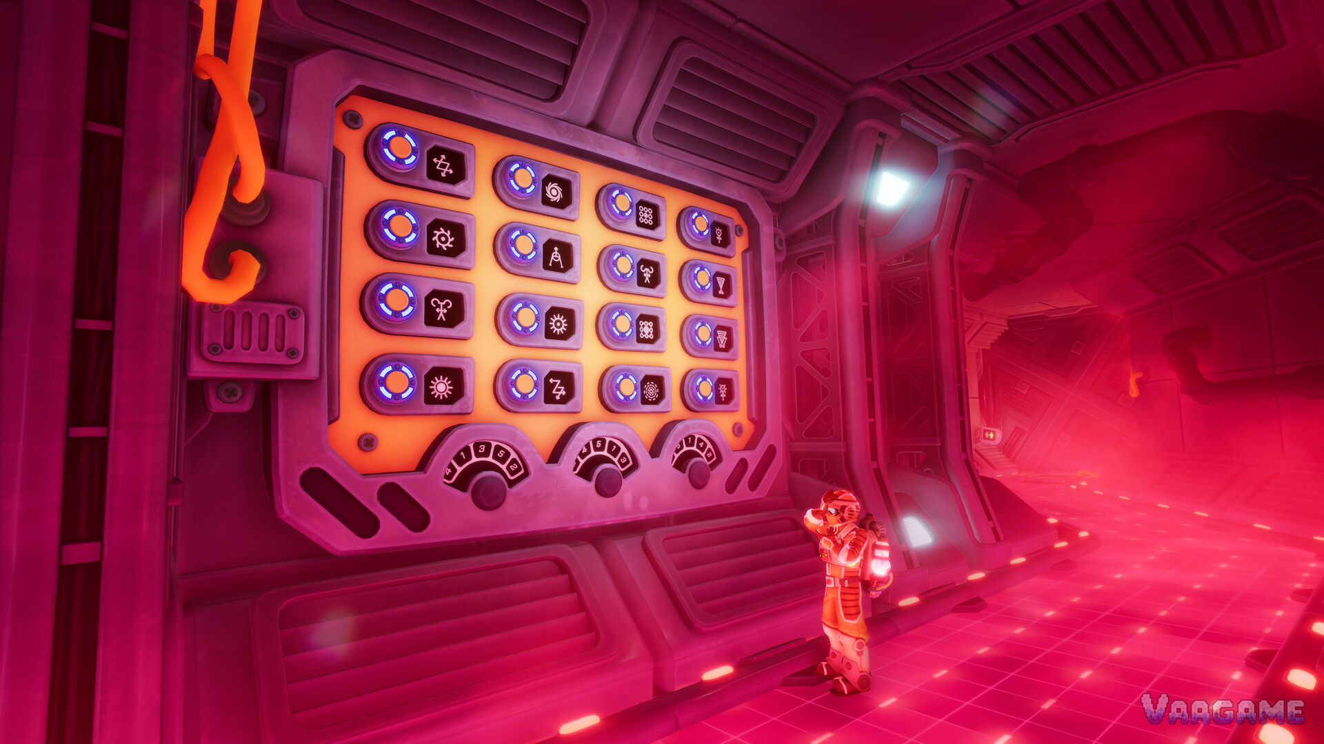 An Explorer studying a wall of symbol buttons in a red lit corridor in We Were Here Tomorrow