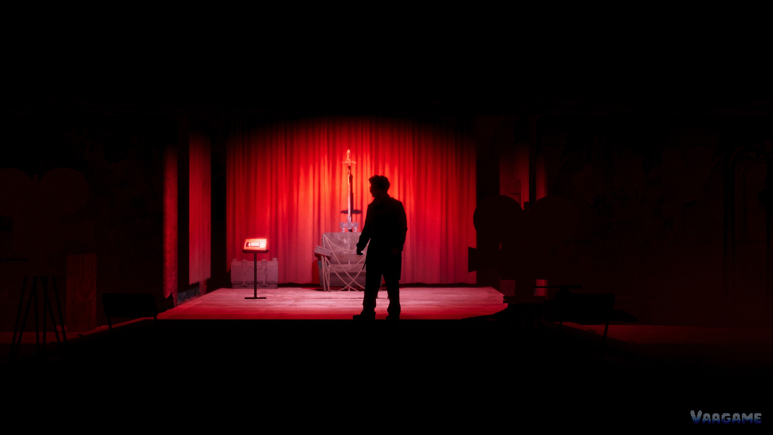 A stage washed in red light