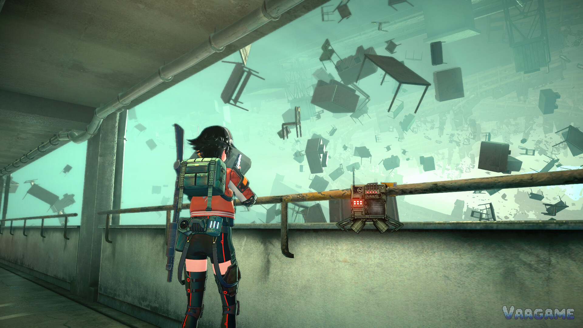 Reona facing a vast space where furniture floats in an inverted-gravity anomaly space