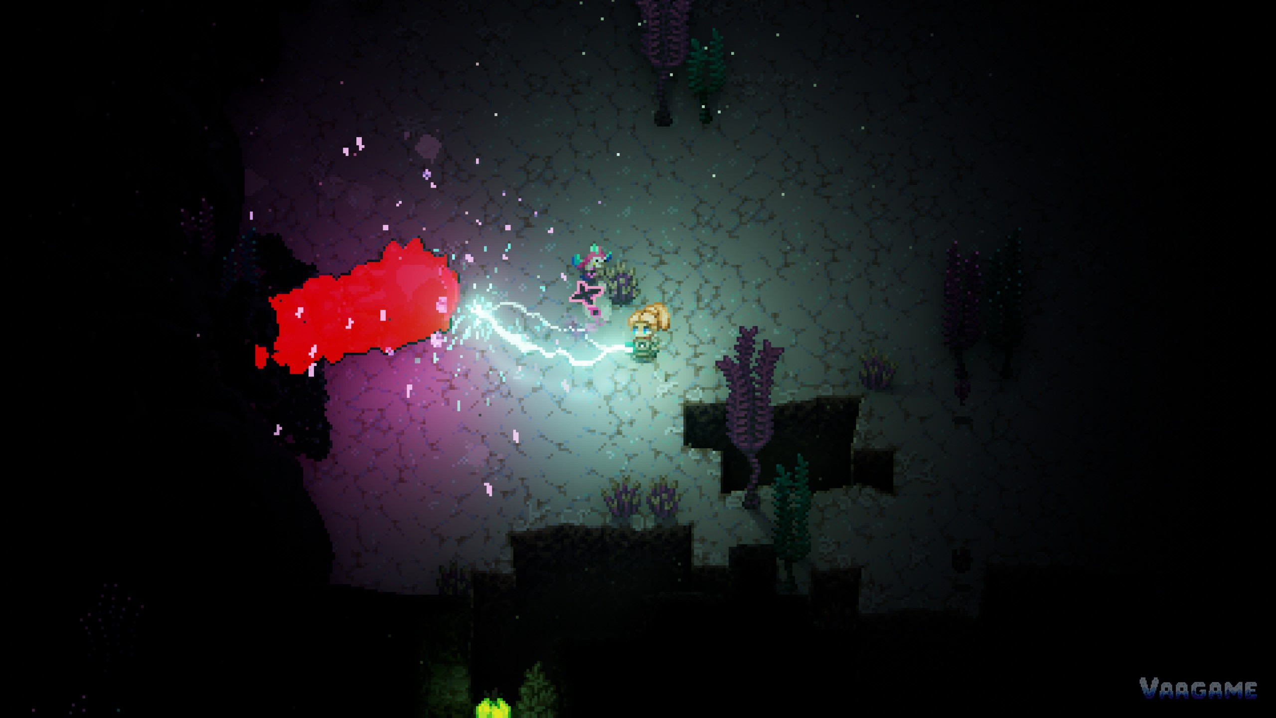 Chain lightning arcing from a scepter across a snowy corridor toward red slimes