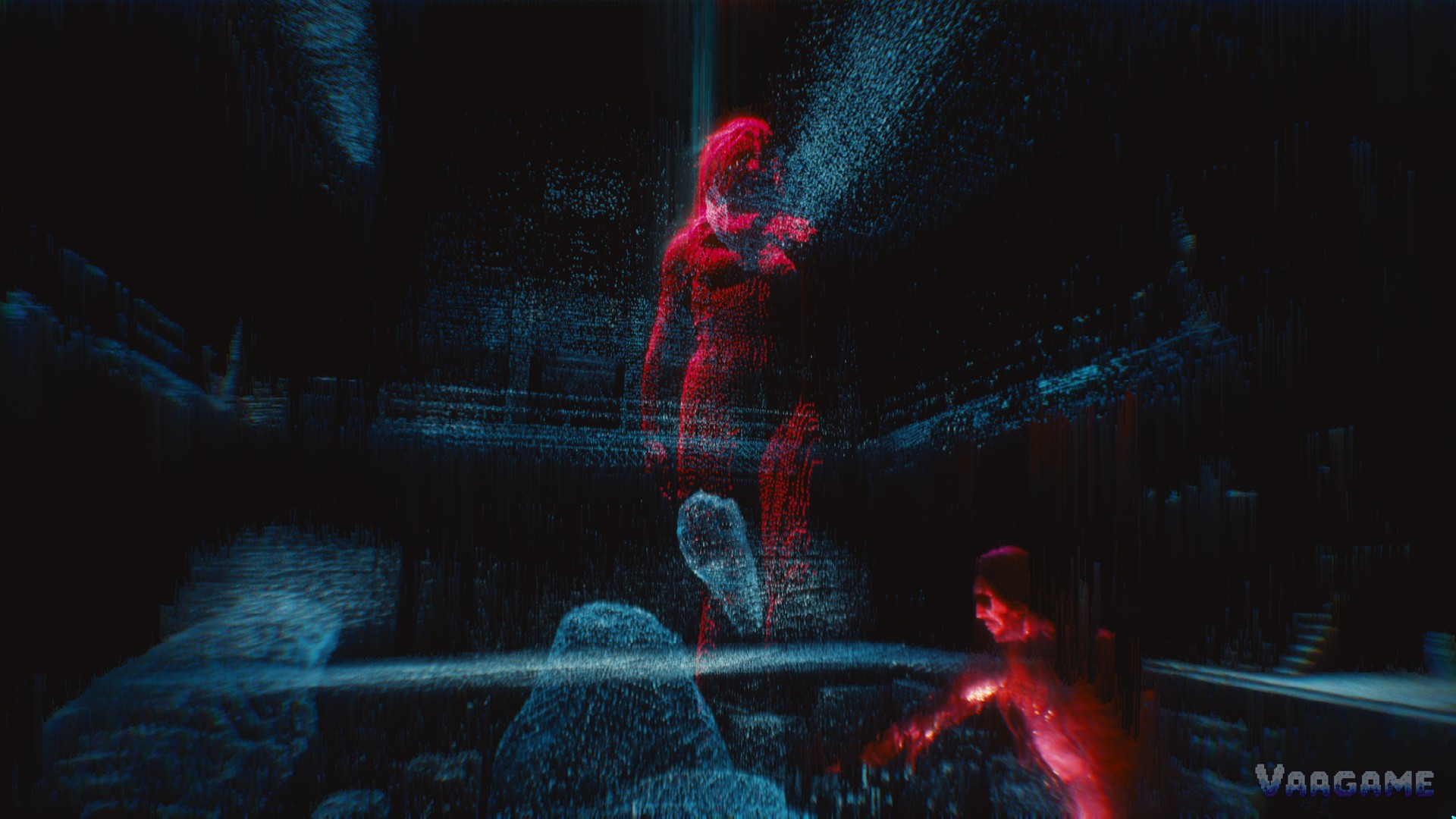 A red hologram figure in a dark Night City room