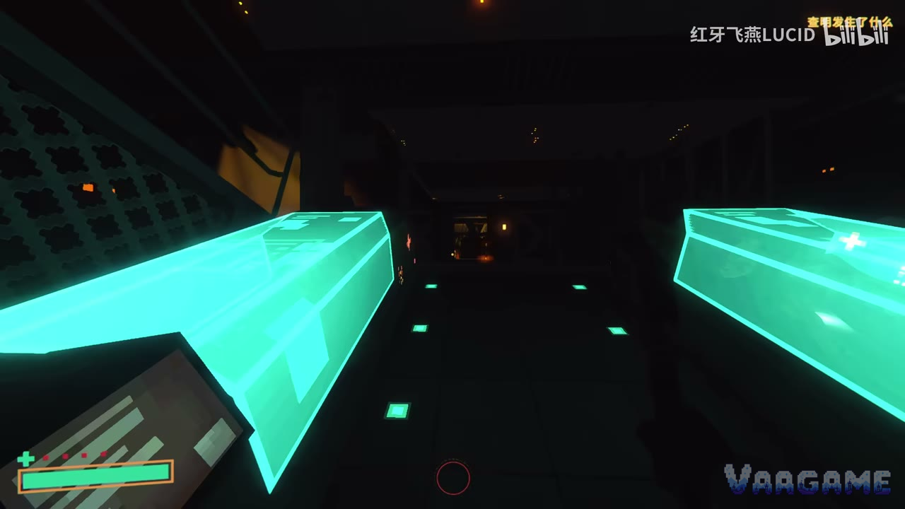 Holographic stasis-pod interfaces glowing in a dark chamber