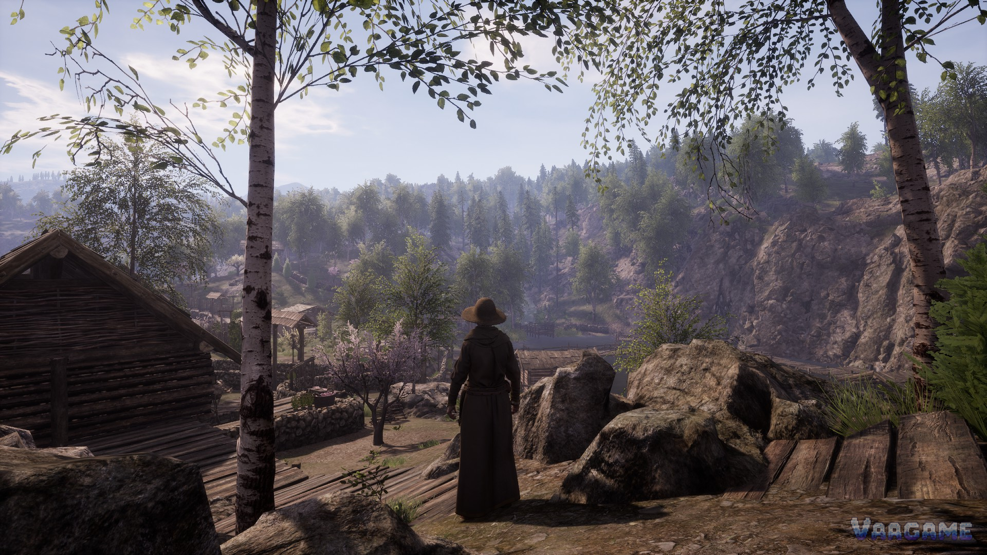 Villager overlooking a village and rocky cliffs
