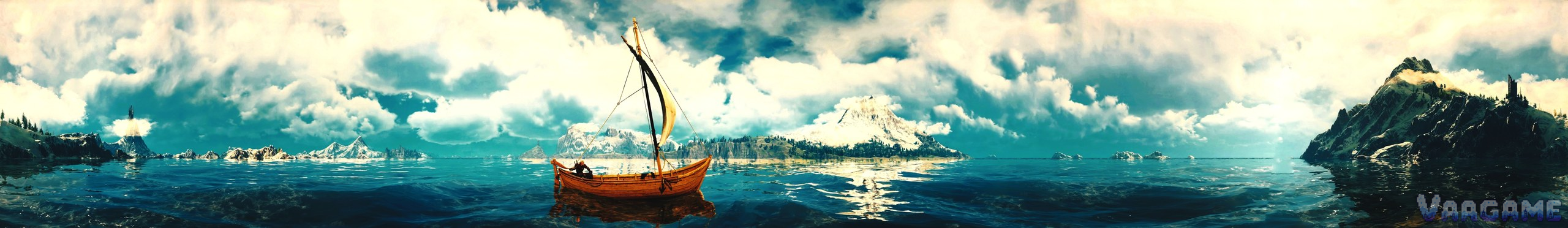 A sailing boat crossing a bright sea toward snowy islands