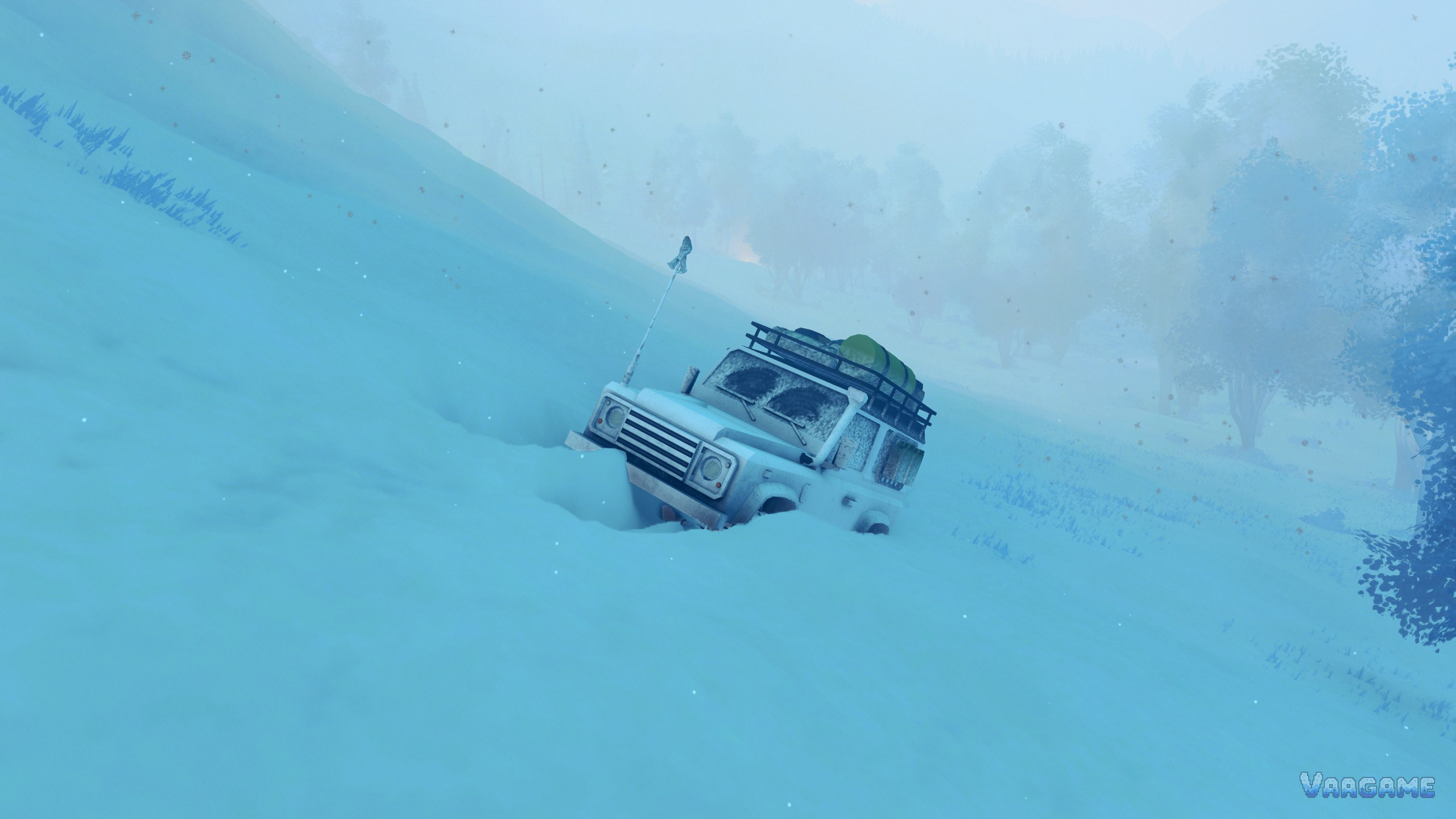 A wagon buried nose-first in deep snow on a slope