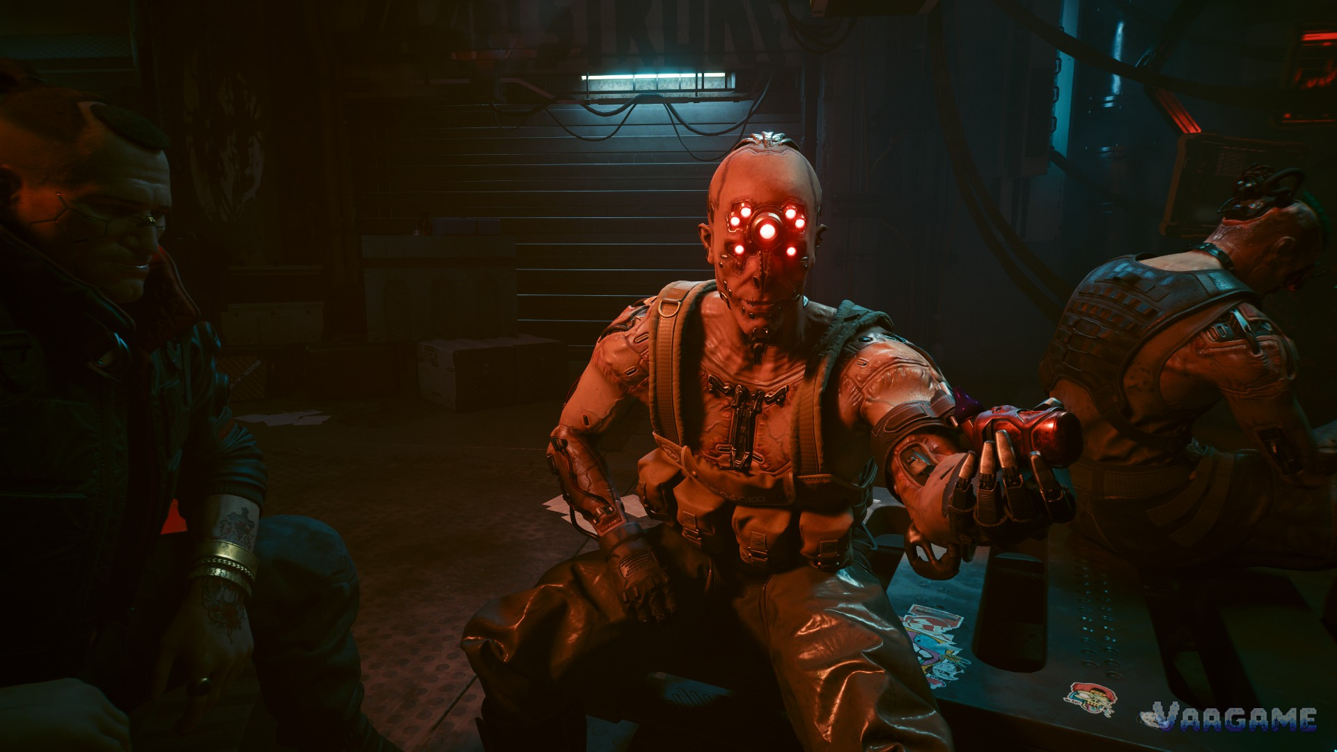 A ganger with red cyberware eyes in Cyberpunk 2077