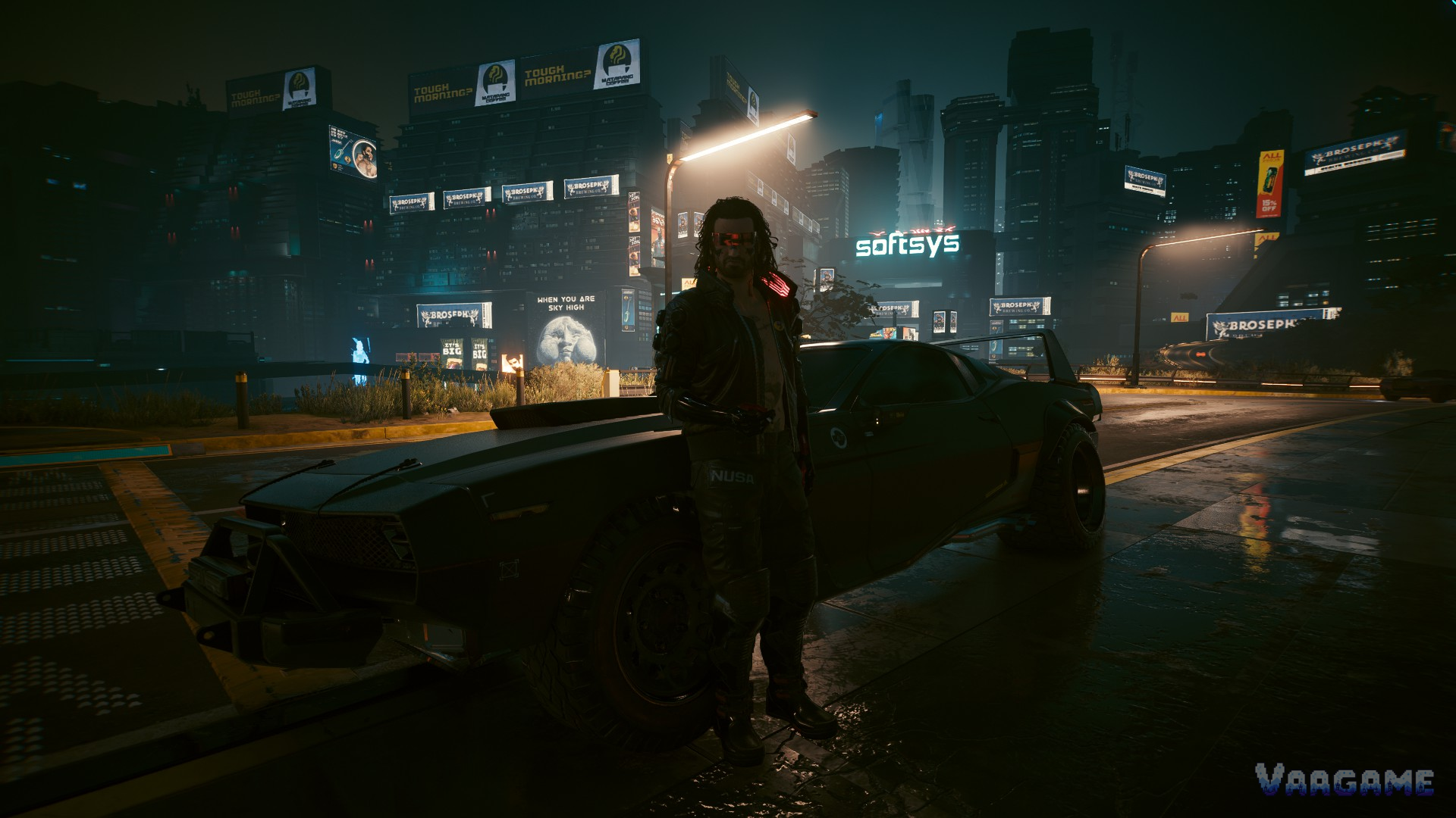 Johnny Silverhand standing by a car at night in Cyberpunk 2077