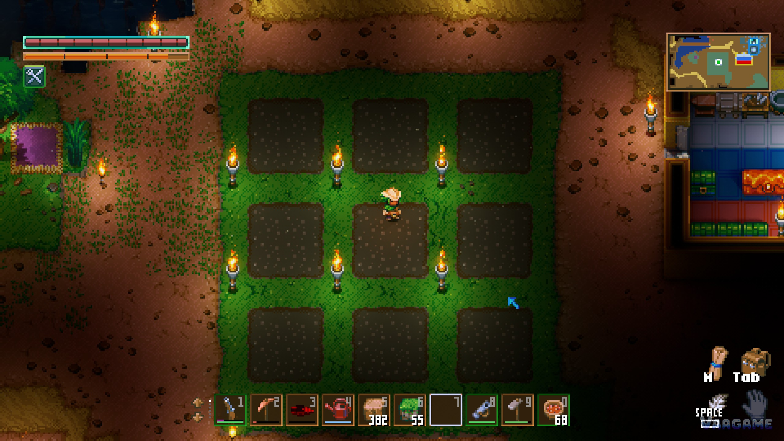 A beginner 3 by 3 tilled plot with torches, a watering can ready in the hotbar