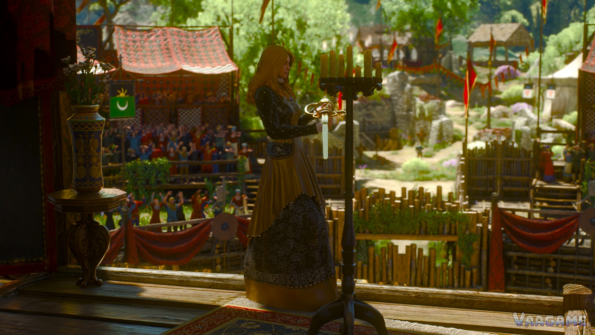 A lady in a gown holding a sword at a tournament ground